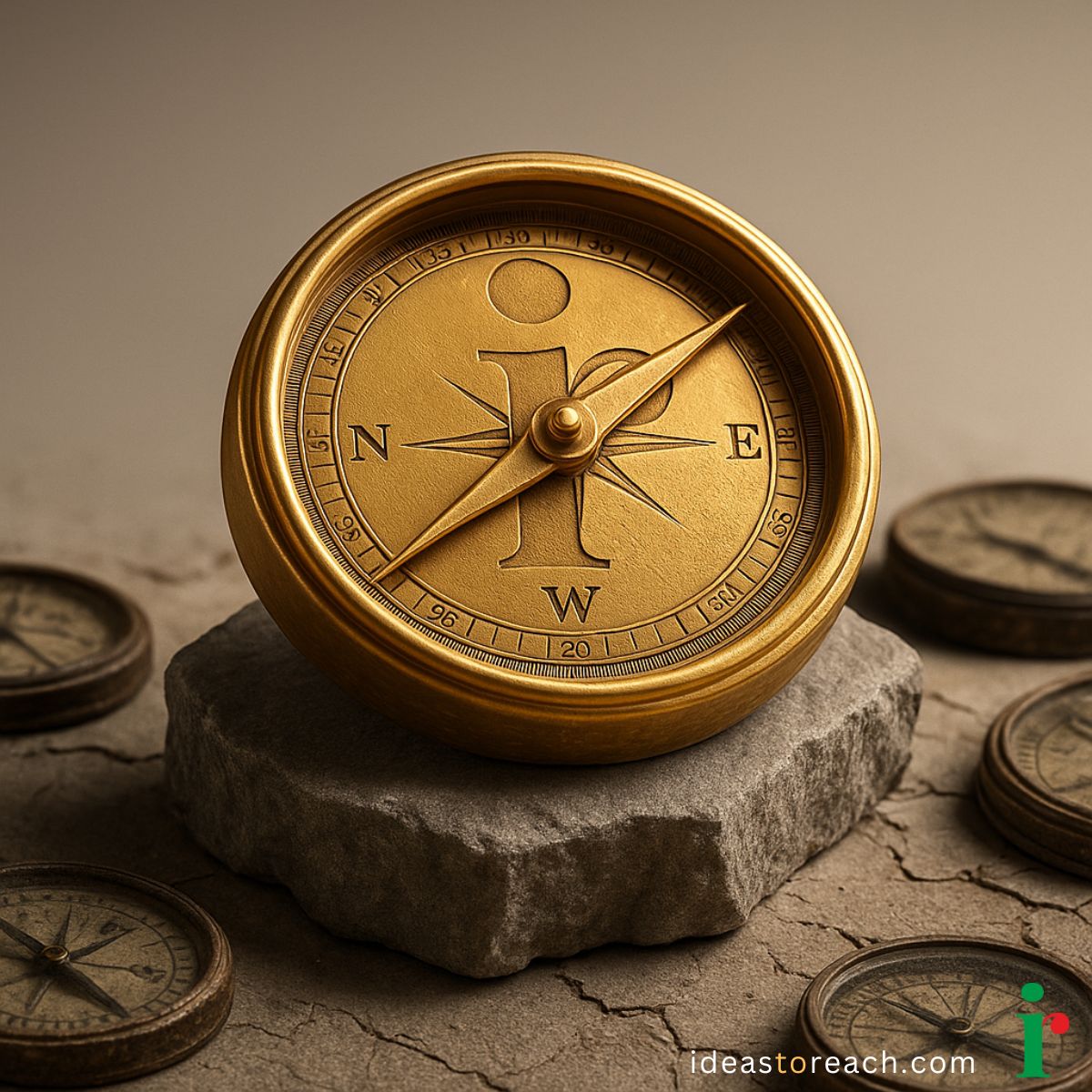 Golden compass featuring the IdeasToReach logo, symbolizing global SEO direction, clarity, and expertise.